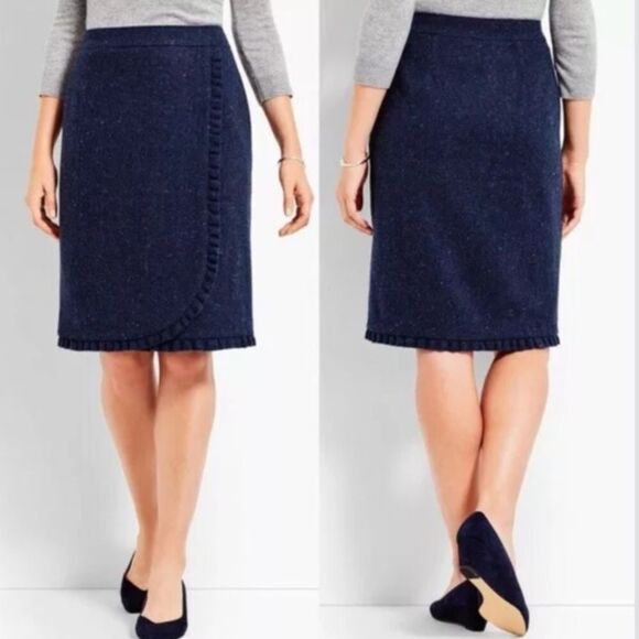 NWT TALBOTS DONEGAL SHETLAND RUFFEL WOOL BLEND SPECKLED NAVY WRAP PENCIL SKIRT 2 - Picture 1 of 9